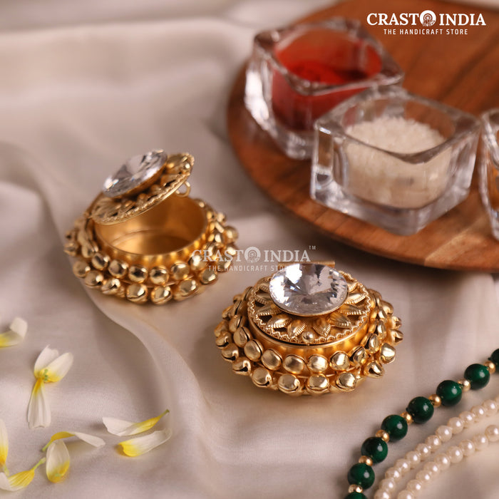 PACK OF 4 PCS - CRASTO INDIA HANDCRAFTED ROUND GHUNGROO JEWELLERY BOX WITH SUNFLOWER BIG DIAMOND