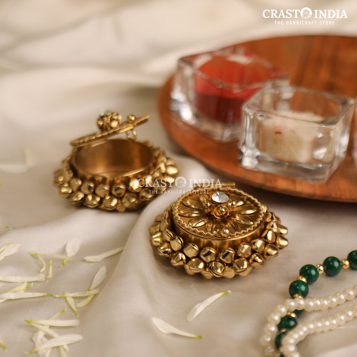 PACK OF 4 PCS - CRASTO INDIA HANDCRAFTED ROUND GHUNGROO JEWELLERY BOX WITH SUNFLOWER SMALL DIAMOND