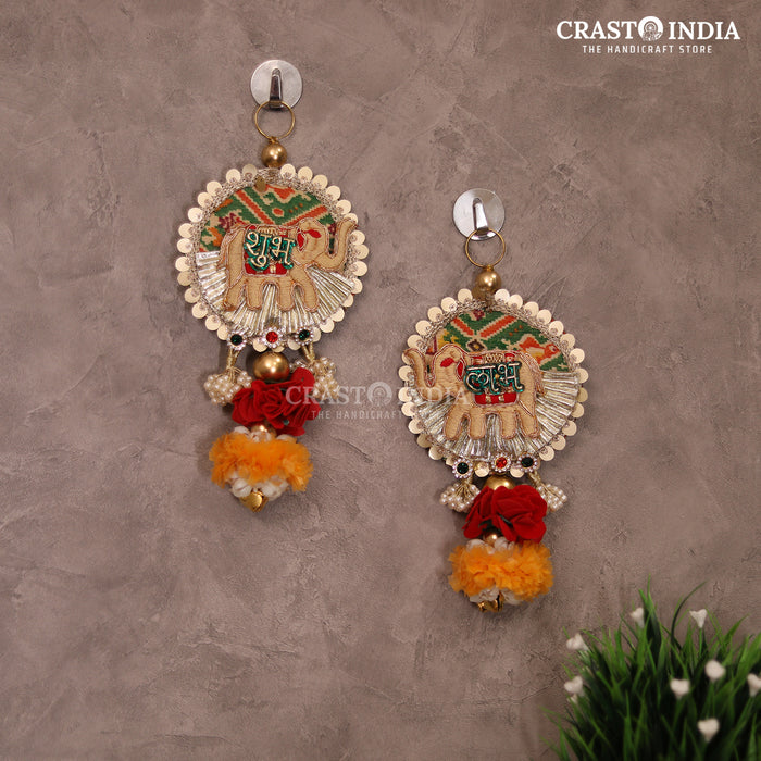 CRASTO INDIA HANDCRAFTED FESTIVE EMBROIDERED ELEPHANT PATCHWORK SHUBH LABH WITH MARIGOLD