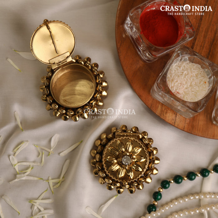 PACK OF 4 PCS - CRASTO INDIA HANDCRAFTED ROUND GHUNGROO JEWELLERY BOX WITH SUNFLOWER SMALL DIAMOND