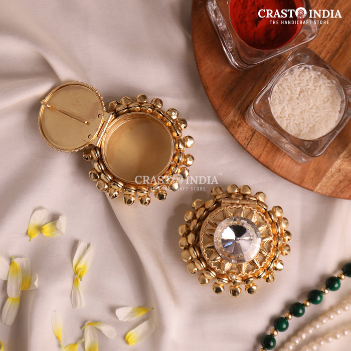 PACK OF 4 PCS - CRASTO INDIA HANDCRAFTED ROUND GHUNGROO JEWELLERY BOX WITH SUNFLOWER BIG DIAMOND