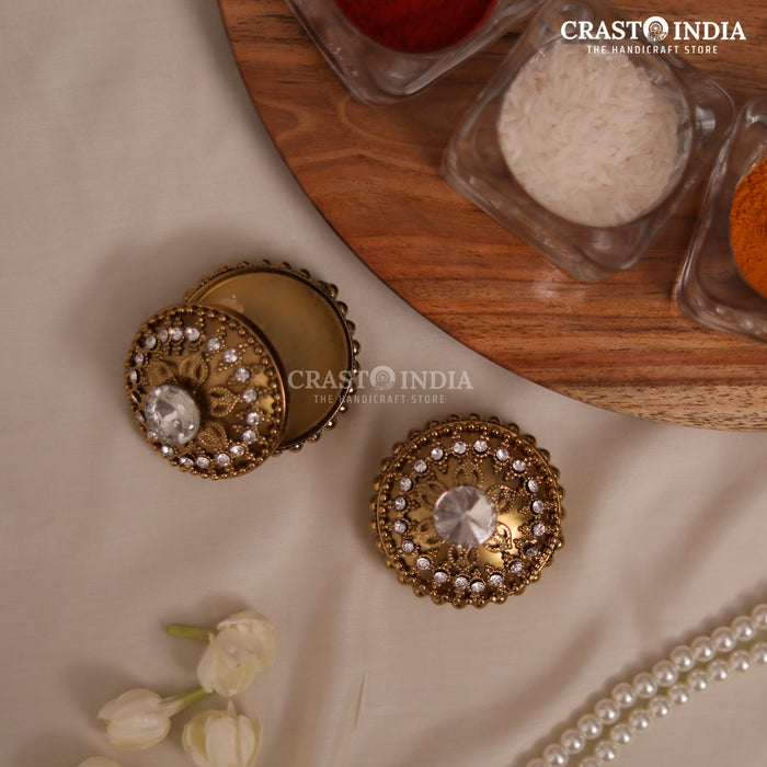 PACK OF 6 PCS - CRASTO INDIA HANDCRAFTED COIN BOX/SINDOOR BOX STONE WORK FLOWER DABBI WITHOUT HINGE IN ANTIQUE GOLD FINISH