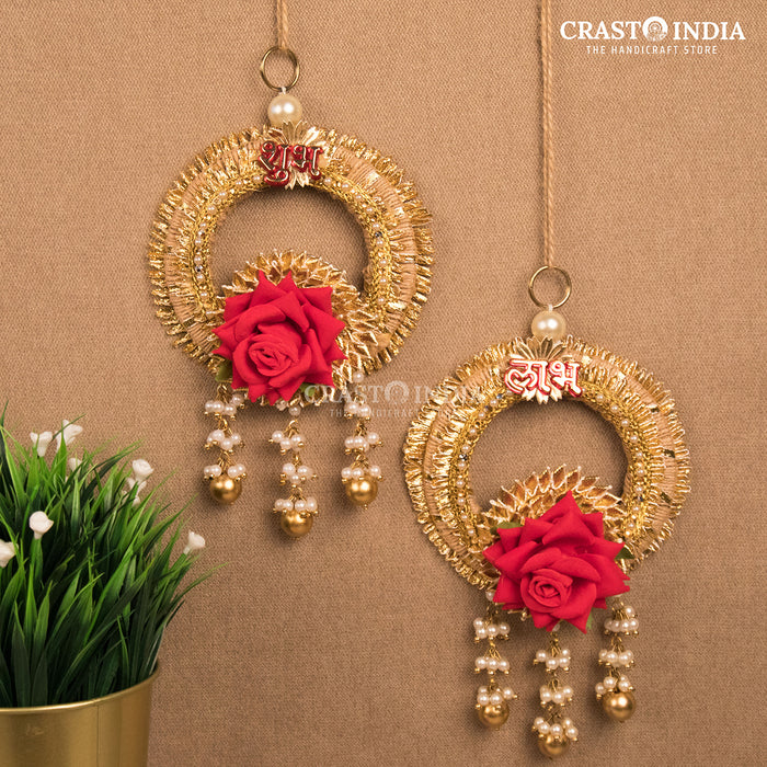 CRASTO INDIA HANDCRAFTED RED ROSE GOTA WORK SHUBH LABH (PAIR)