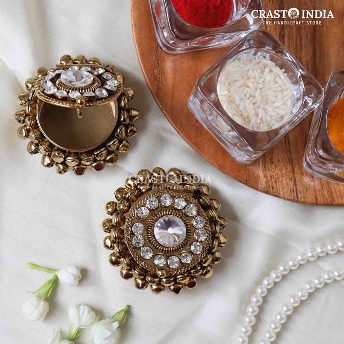 PACK OF 4 PCS - CRASTO INDIA HANDCRAFTED MINI GHUNGHROO ROUND JEWELLERY BOX WITH STONEWORK .