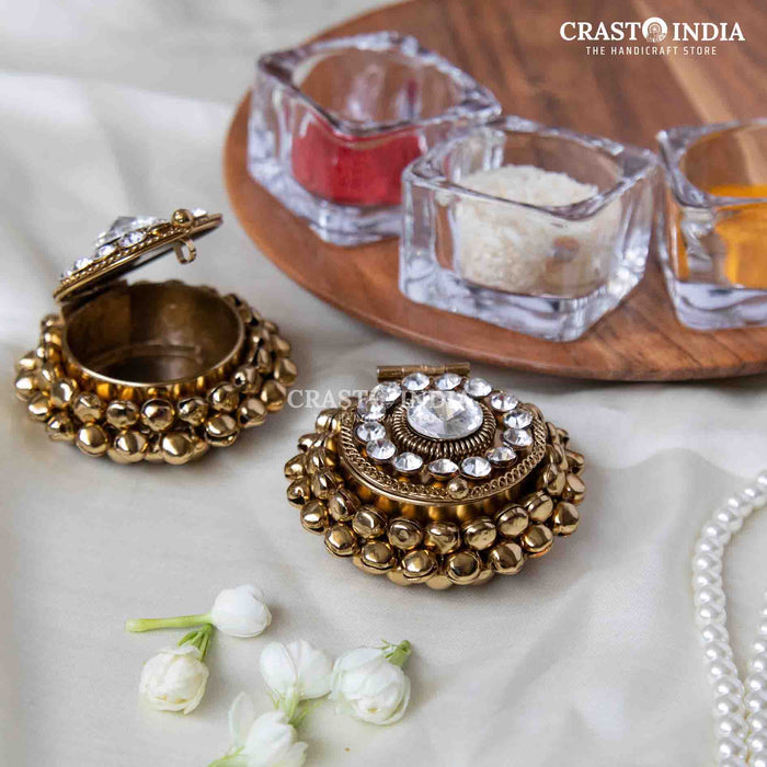 PACK OF 4 PCS - CRASTO INDIA HANDCRAFTED MINI GHUNGHROO ROUND JEWELLERY BOX WITH STONEWORK .