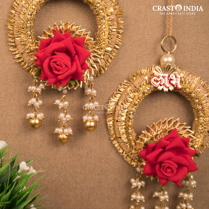 CRASTO INDIA HANDCRAFTED RED ROSE GOTA WORK SHUBH LABH (PAIR)