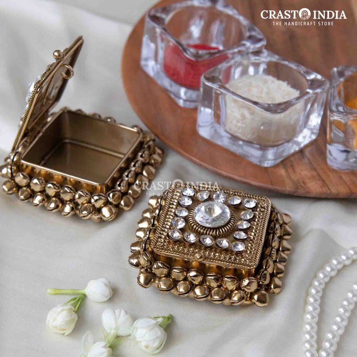 PACK OF 4 PCS - CRASTO INDIA HANDCRAFTED MINI GHUNGHROO SQUARE JEWELLERY BOX WITH STONEWORK