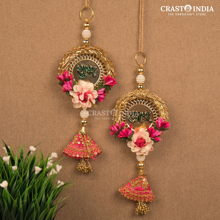 CRASTO INDIA HANDCRAFTED PINK GOLD CLOTH CONE FLORAL SHUBH LABH (PAIR)