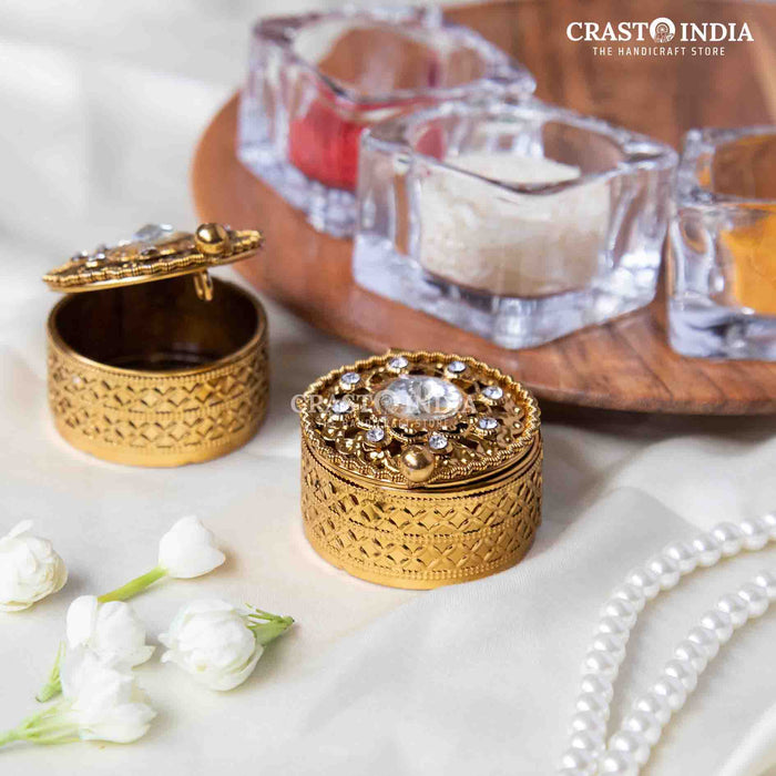 PACK OF 6 PCS - CRASTO INDIA HANDCRAFTED SINDOOR / COIN BOX WITH STONEWORK IN ANTIQUE GOLD FINISH