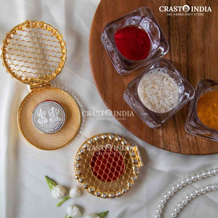 PACK OF 6 PCS - CRASTO INDIA HANDCRAFTED ROUND SHAPED JAALI COIN BOX WITH VELVET