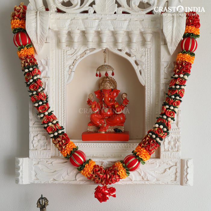 CRASTO INDIA HANDCRAFTED RED RIBBON GARLAND WITH THREADED BALLS AND ROSES