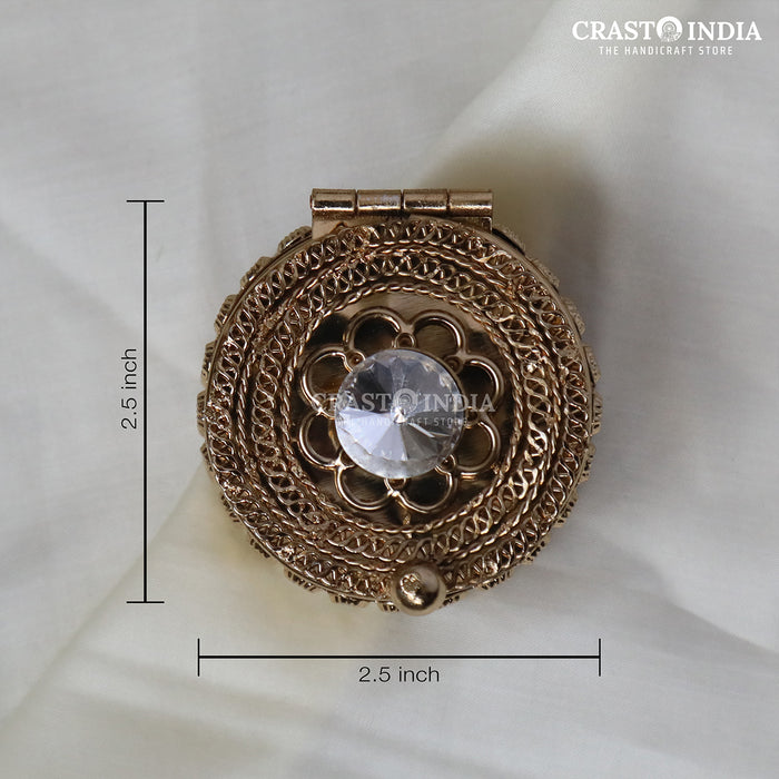 PACK OF 6 PCS - CRASTO INDIA HANDCRAFTED SINDOOR / COIN BOX WITH FLORAL STONEWORK IN ANTIQUE GOLD FINISH