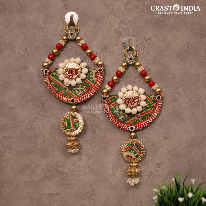 CRASTO INDIA HANDCRAFTED FESTIVE PATOLA JHUMKHI SEMI-CIRCLE RED BEADS SHUBH LABH