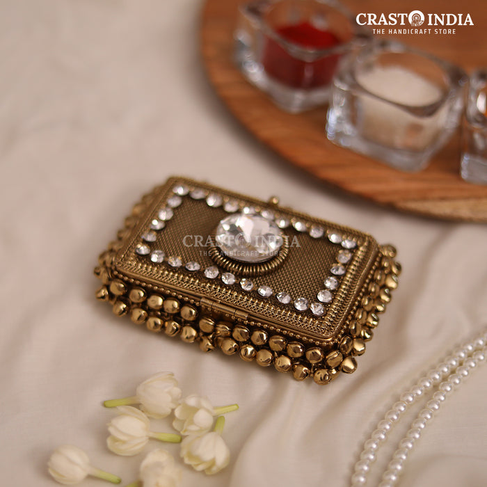 PACK OF 2 PCS - CRASTO INDIA HANDCRAFTED RECTANGLE GHUNGROO JEWELLERY BOX WITH STONEWORK (1 PC)