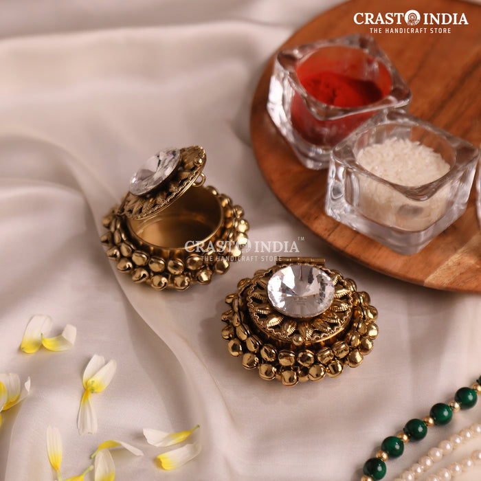 PACK OF 4 PCS - CRASTO INDIA HANDCRAFTED ROUND GHUNGROO JEWELLERY BOX WITH SUNFLOWER BIG DIAMOND