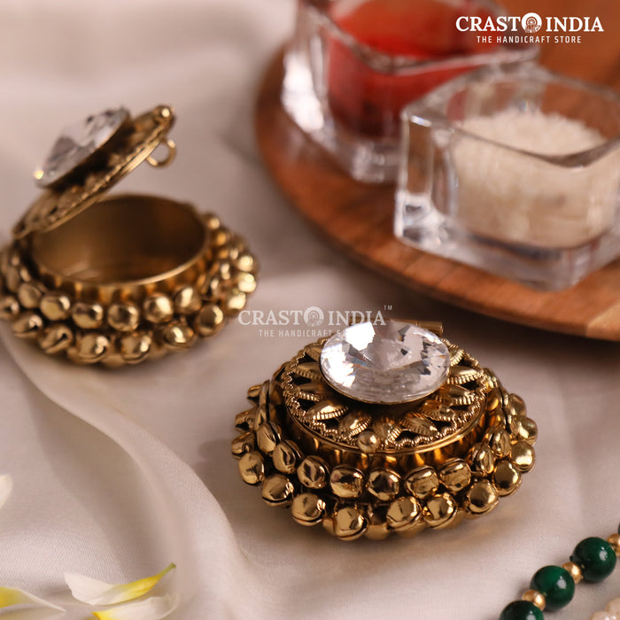 PACK OF 4 PCS - CRASTO INDIA HANDCRAFTED ROUND GHUNGROO JEWELLERY BOX WITH SUNFLOWER BIG DIAMOND