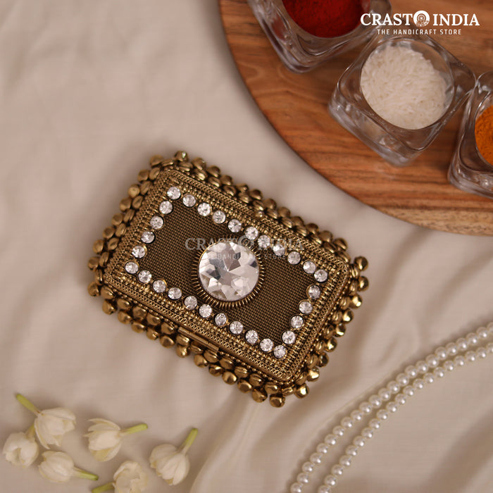 PACK OF 2 PCS - CRASTO INDIA HANDCRAFTED RECTANGLE GHUNGROO JEWELLERY BOX WITH STONEWORK (1 PC)