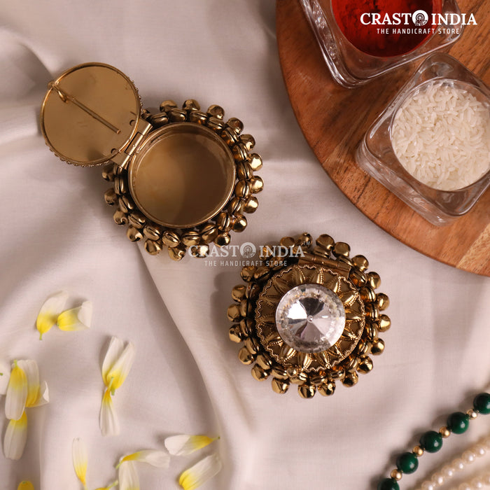 PACK OF 4 PCS - CRASTO INDIA HANDCRAFTED ROUND GHUNGROO JEWELLERY BOX WITH SUNFLOWER BIG DIAMOND