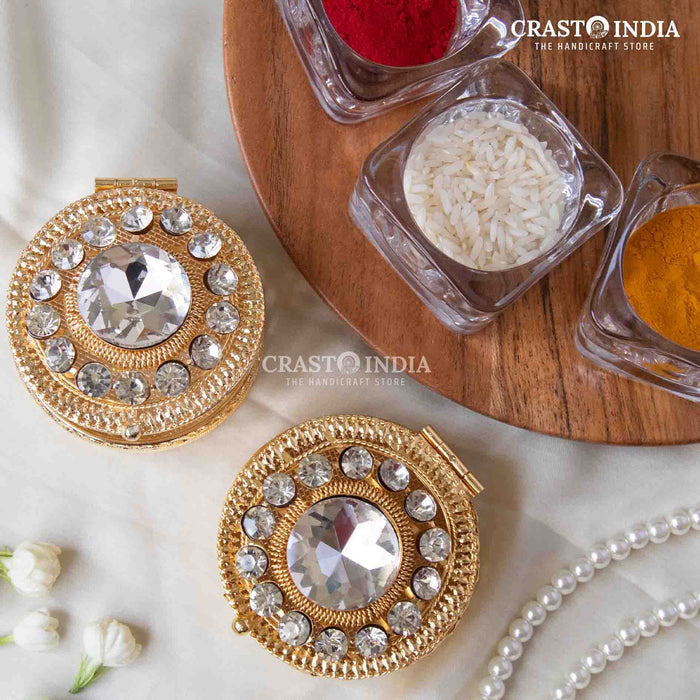 PACK OF 3 PCS - CRASTO INDIA HANDCRAFTED ROUND JEWELLERY BOX WITH STONEWORK IN GOLD FINISH .