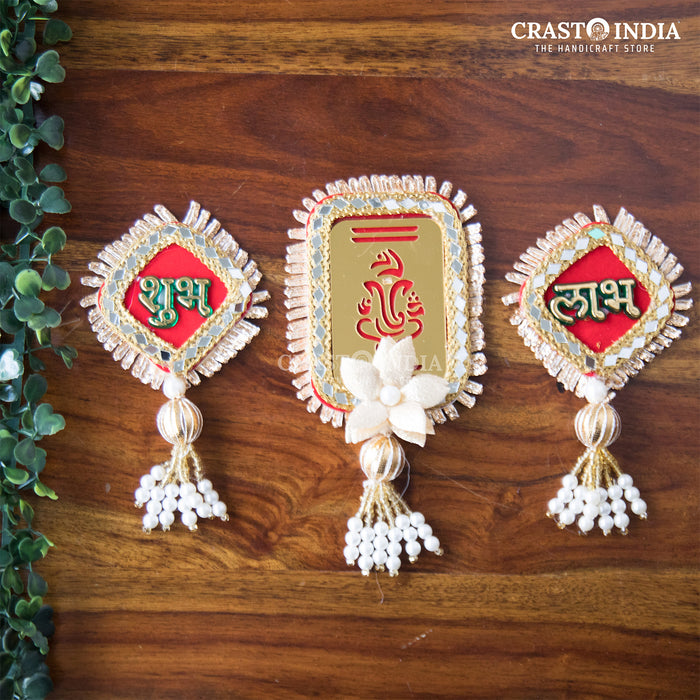 CRASTO INDIA HANDCRAFTED 3PC SHUBH LABH GANESHA WITH GOTA MIRROR WORK