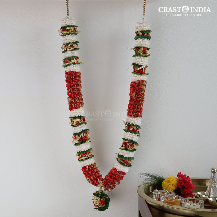 CRASTO INDIA HANDCRAFTED RED RIBBON GARLAND WITH GOLDEN ROSE