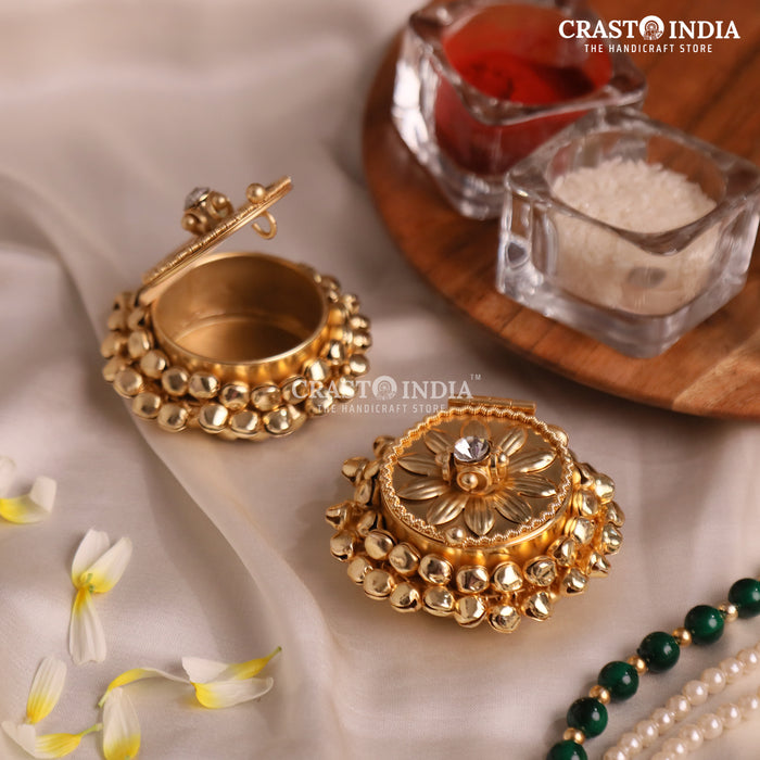 PACK OF 4 PCS - CRASTO INDIA HANDCRAFTED ROUND GHUNGROO JEWELLERY BOX WITH SUNFLOWER SMALL DIAMOND