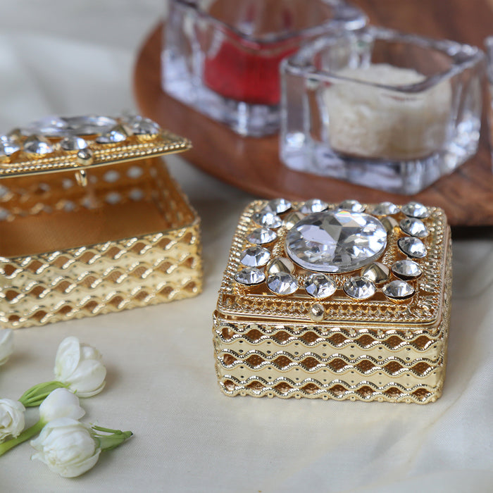 PACK OF 3 PCS - CRASTO INDIA HANDCRAFTED SQUARE JEWELLERY BOX WITH STONEWORK IN GOLD FINISH