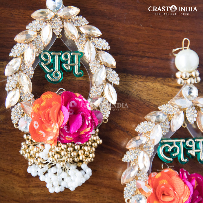 CRASTO INDIA HANDCRAFTED ACRYLIC SHUBH LABH STUDDED WITH EXQUISITE STONES AND BANDHANI ROSES (PAIR)