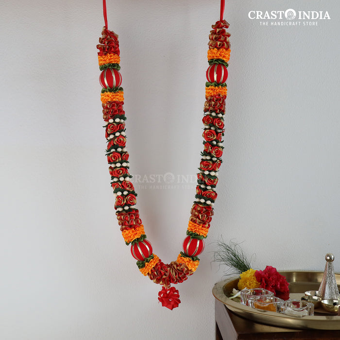 CRASTO INDIA HANDCRAFTED RED RIBBON GARLAND WITH THREADED BALLS AND ROSES