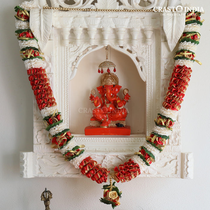 CRASTO INDIA HANDCRAFTED RED RIBBON GARLAND WITH GOLDEN ROSE