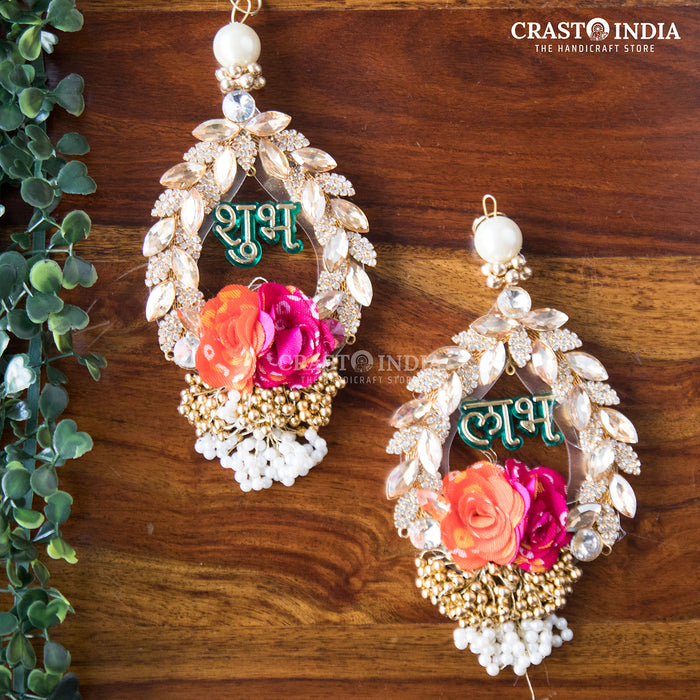 CRASTO INDIA HANDCRAFTED ACRYLIC SHUBH LABH STUDDED WITH EXQUISITE STONES AND BANDHANI ROSES (PAIR)