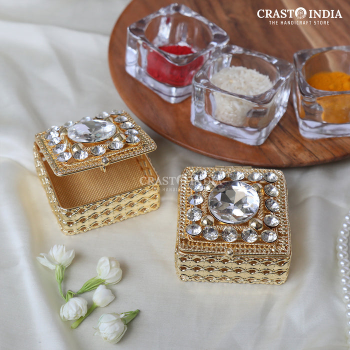 PACK OF 3 PCS - CRASTO INDIA HANDCRAFTED SQUARE JEWELLERY BOX WITH STONEWORK IN GOLD FINISH