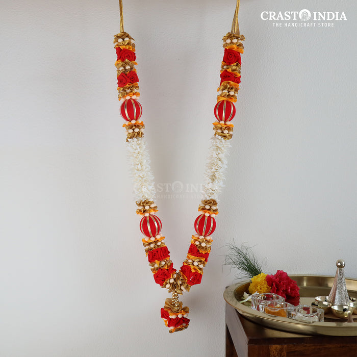 CRASTO INDIA HANDCRAFTED RED RIBBON GARLAND WITH THREADED BALLS AND GAJRA