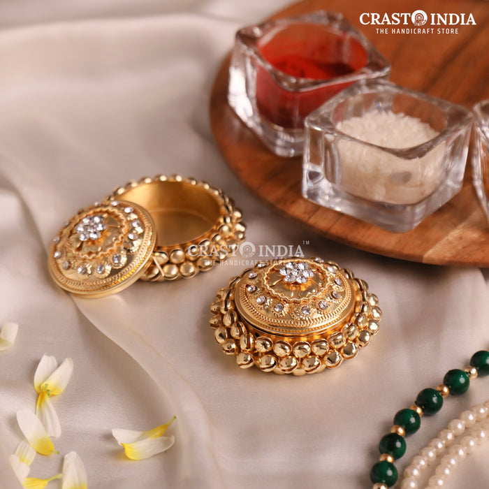 PACK OF 6 PCS - CRASTO INDIA HANDCRAFTED ROUND GHUNGROO JEWELLERY BOX WITH DOTTED STONES WITHOUT HINGE .