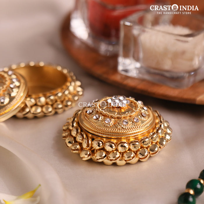 PACK OF 6 PCS - CRASTO INDIA HANDCRAFTED ROUND GHUNGROO JEWELLERY BOX WITH DOTTED STONES WITHOUT HINGE .