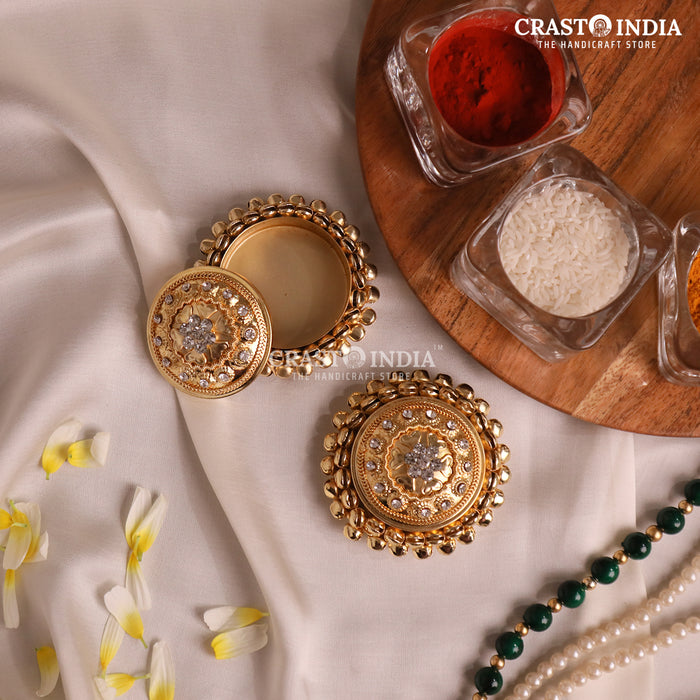 PACK OF 6 PCS - CRASTO INDIA HANDCRAFTED ROUND GHUNGROO JEWELLERY BOX WITH DOTTED STONES WITHOUT HINGE .