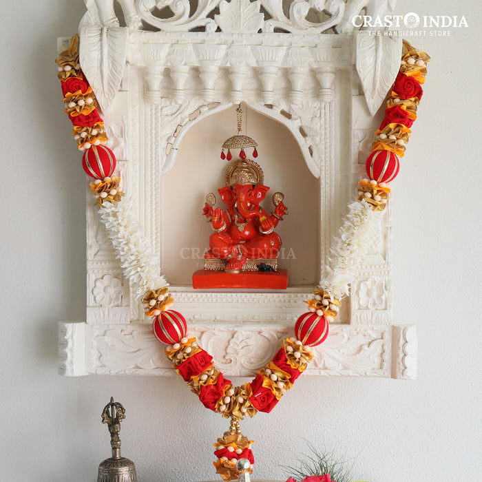 CRASTO INDIA HANDCRAFTED RED RIBBON GARLAND WITH THREADED BALLS AND GAJRA