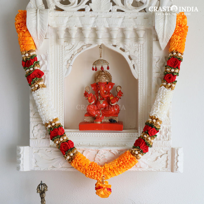 CRASTO INDIA HANDCRAFTED MANGO-WHITE RIBBON GARLAND WITH VELVET ROSES. (AVAILABLE IN 3 COLOURS)