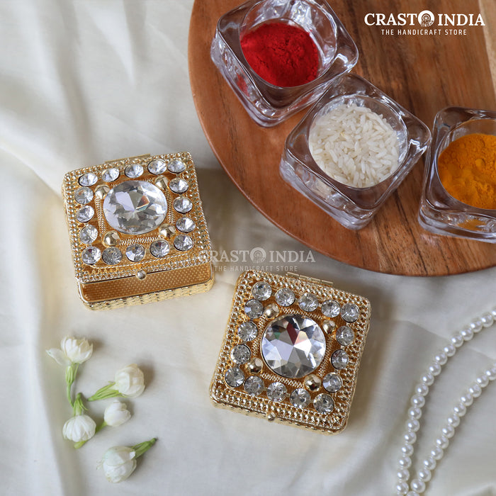 PACK OF 3 PCS - CRASTO INDIA HANDCRAFTED SQUARE JEWELLERY BOX WITH STONEWORK IN GOLD FINISH