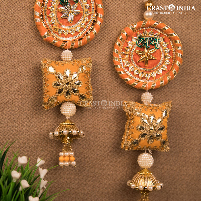 CRASTO ORANGE GOLDEN EMBROIDERED GOTA PATCHWORK PILLOW (PAIR)