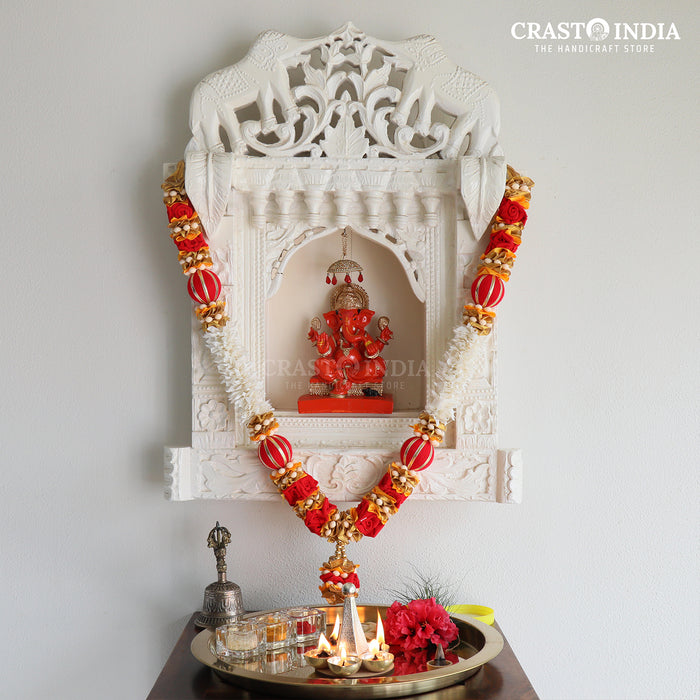 CRASTO INDIA HANDCRAFTED RED RIBBON GARLAND WITH THREADED BALLS AND GAJRA