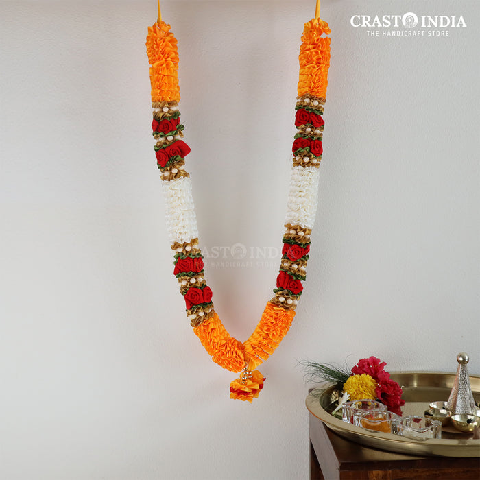 CRASTO INDIA HANDCRAFTED MANGO-WHITE RIBBON GARLAND WITH VELVET ROSES. (AVAILABLE IN 3 COLOURS)