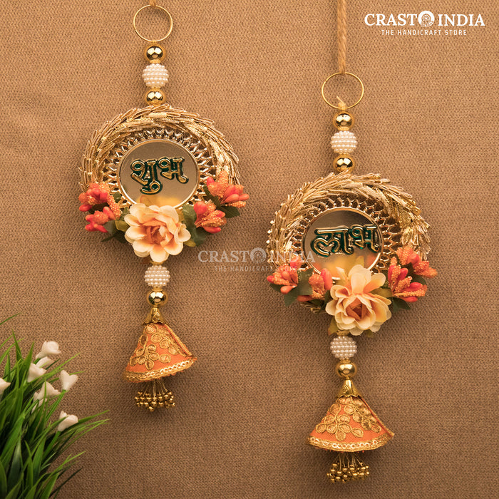 CRASTO INDIA HANDCRAFTED ORANGE GOLD CLOTH CONE FLORAL SHUBH LABH (PAIR)